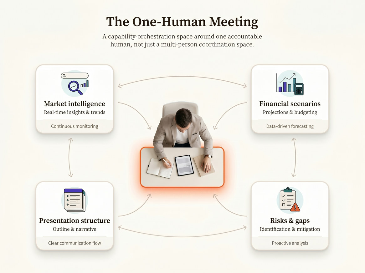 A diagram titled "The One-Human Meeting" shows a person sitting at a desk with a tablet and notebook, surrounded by four boxes labeled "Market intelligence," "Financial scenarios," "Risks & gaps," and "Presentation structure," connected by